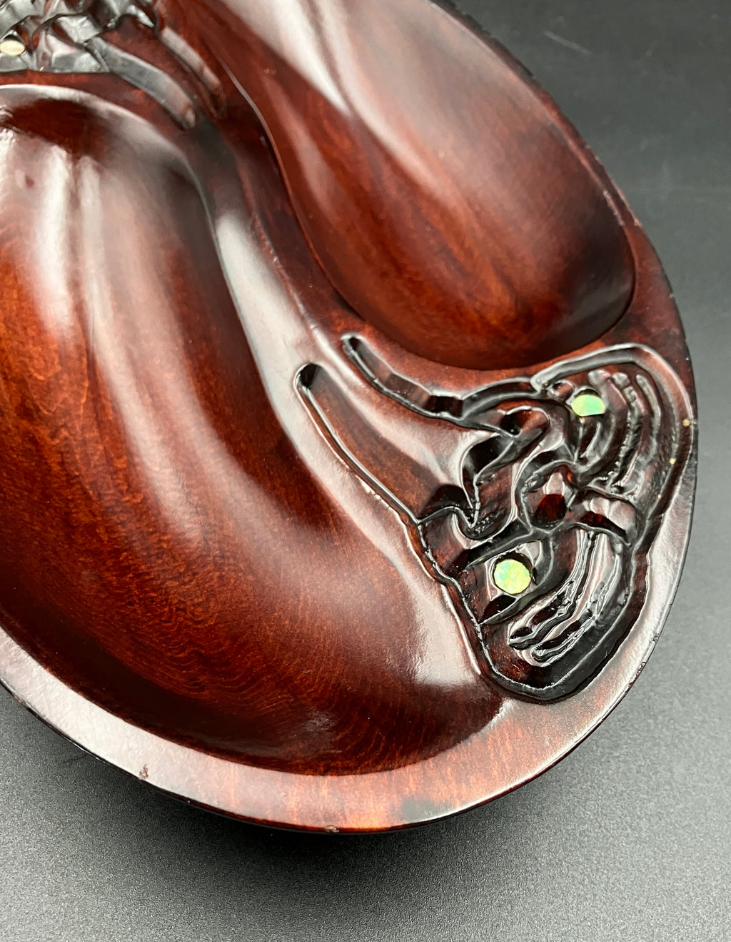 Vintage Māori Wooden Dish Carved Tiki & Paua Shell New Zealand