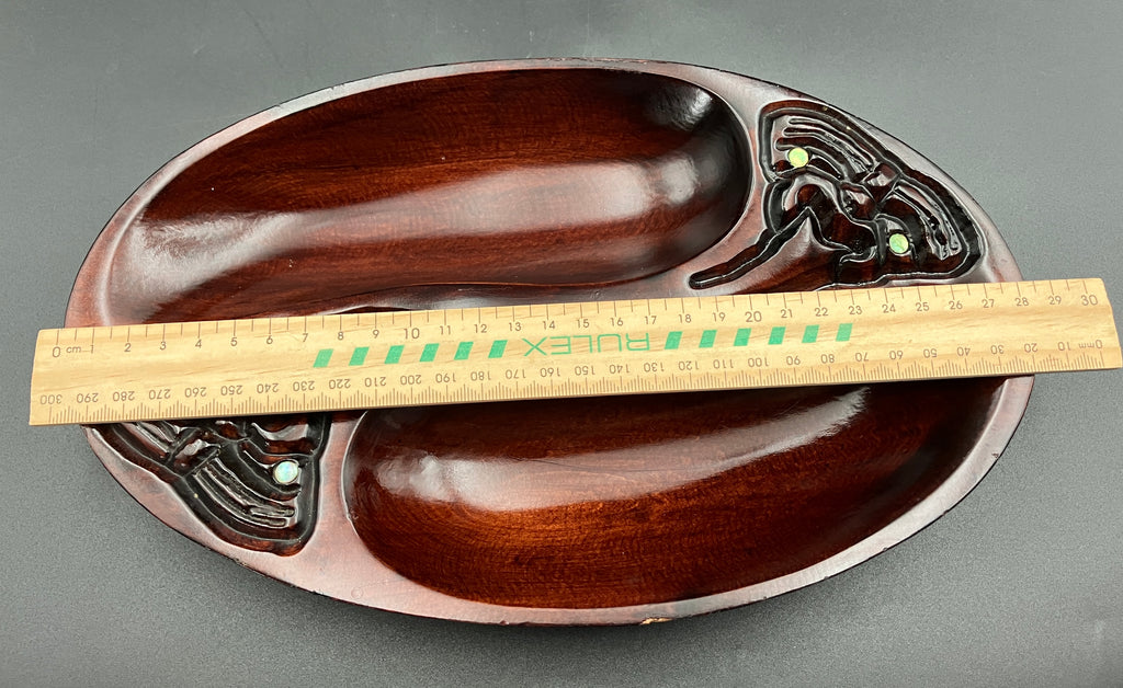 Vintage Māori Wooden Dish Carved Tiki & Paua Shell New Zealand