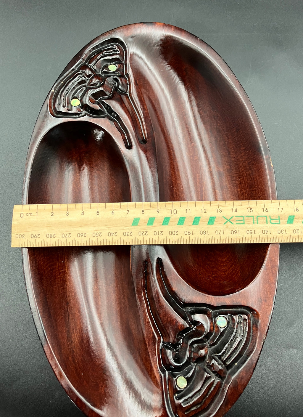Vintage Māori Wooden Dish Carved Tiki & Paua Shell New Zealand