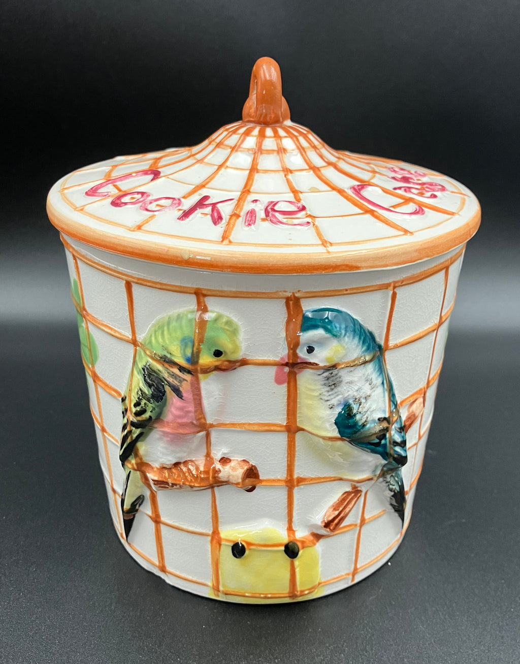 Vintage Cookie Jar Cage Bird Budgie Themed Biscuit Barrel - Japan Kitsch