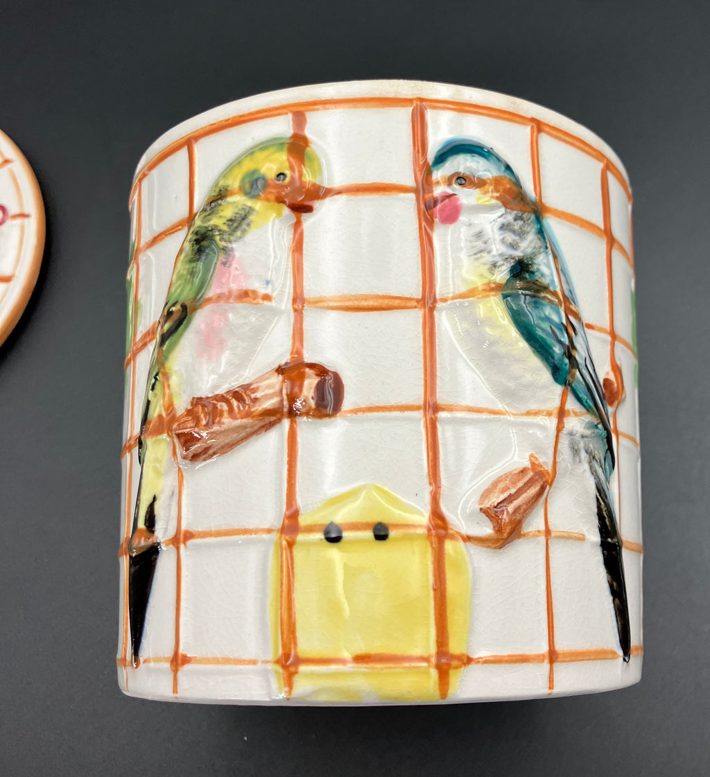 Vintage Cookie Jar Cage Bird Budgie Themed Biscuit Barrel - Japan Kitsch