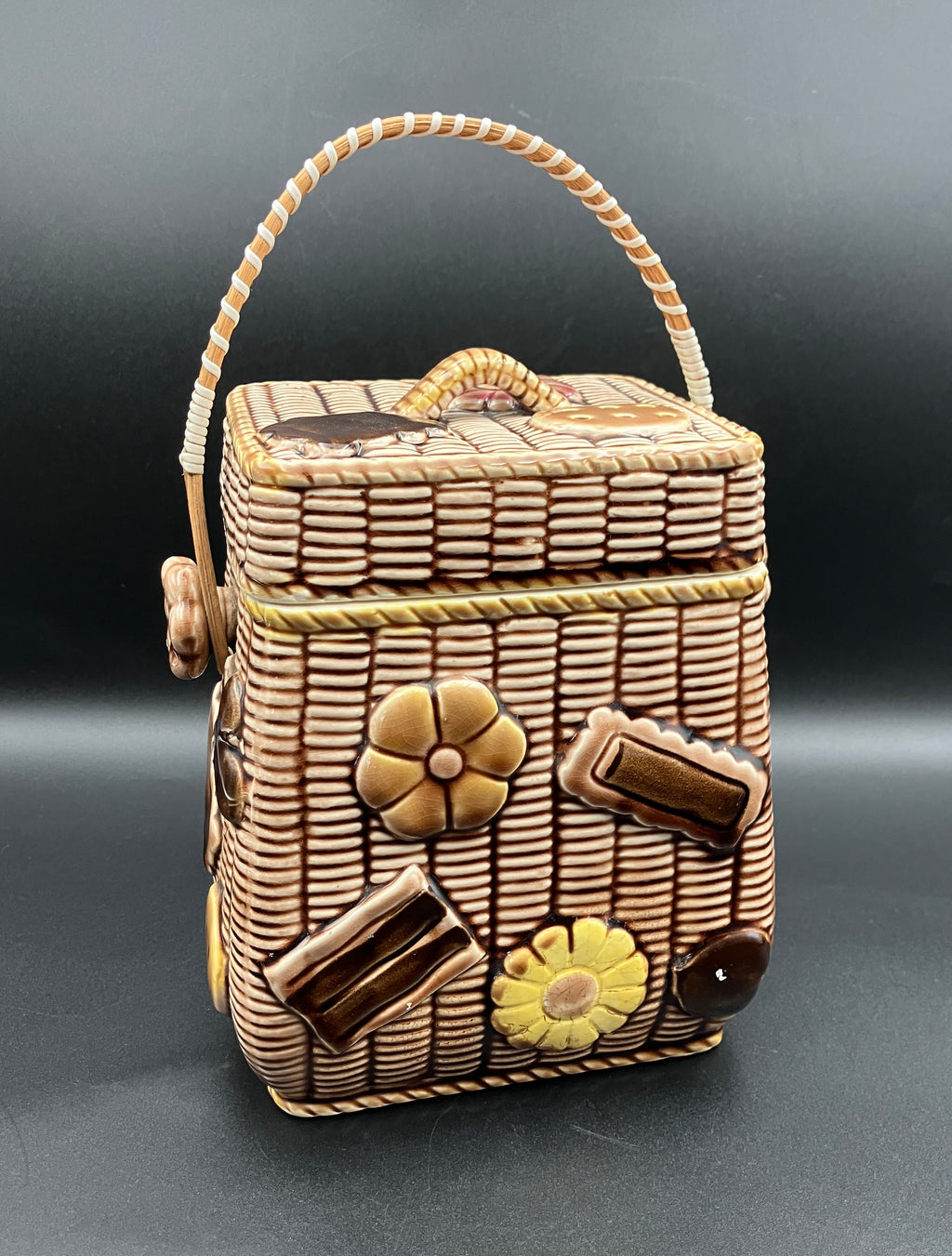 Vintage Cookie Jar Basket With Cookies - Cane Handle 1950s Kitsch Japan