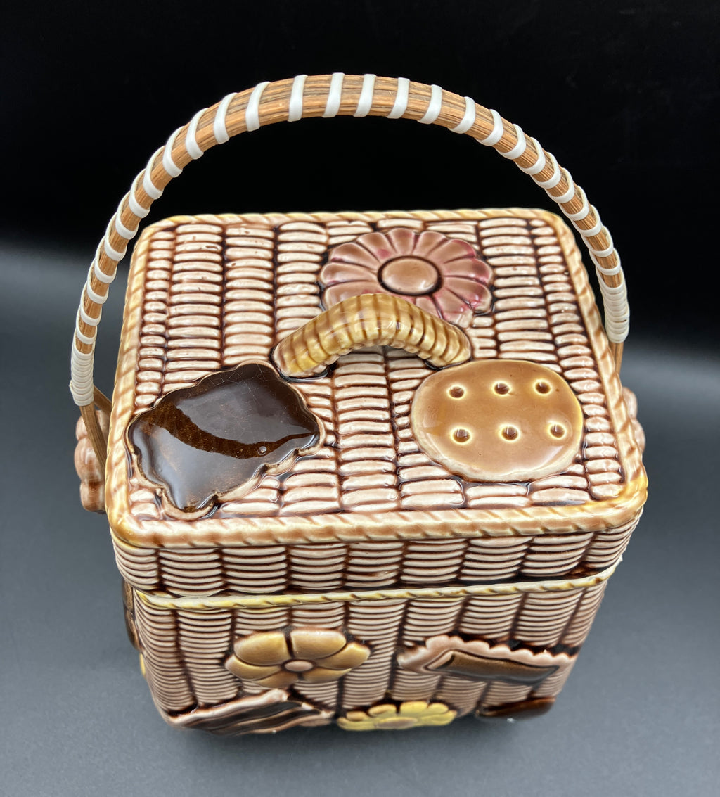 Vintage Cookie Jar Basket With Cookies - Cane Handle 1950s Kitsch Japan