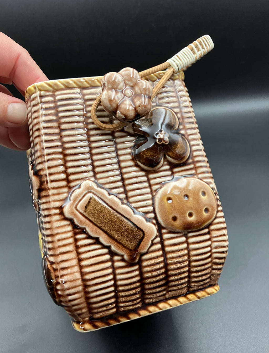 Vintage Cookie Jar Basket With Cookies - Cane Handle 1950s Kitsch Japan
