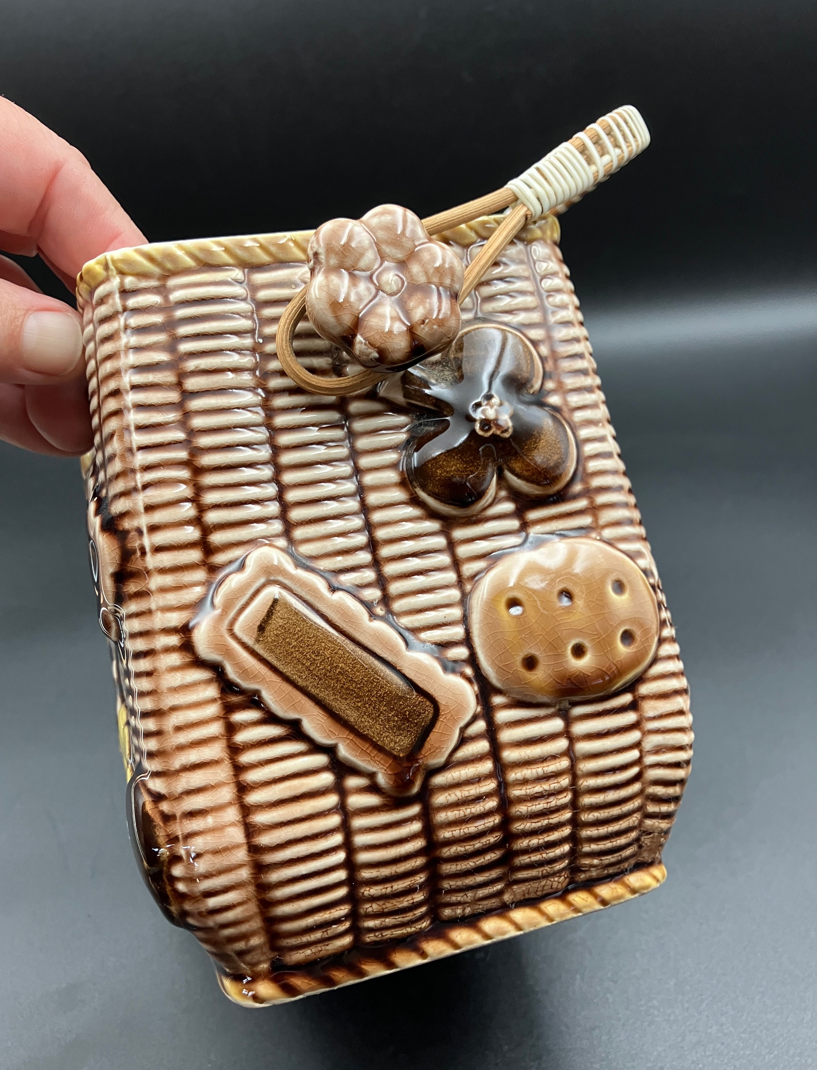 Vintage Cookie Jar Basket With Cookies - Cane Handle 1950s Kitsch Japan