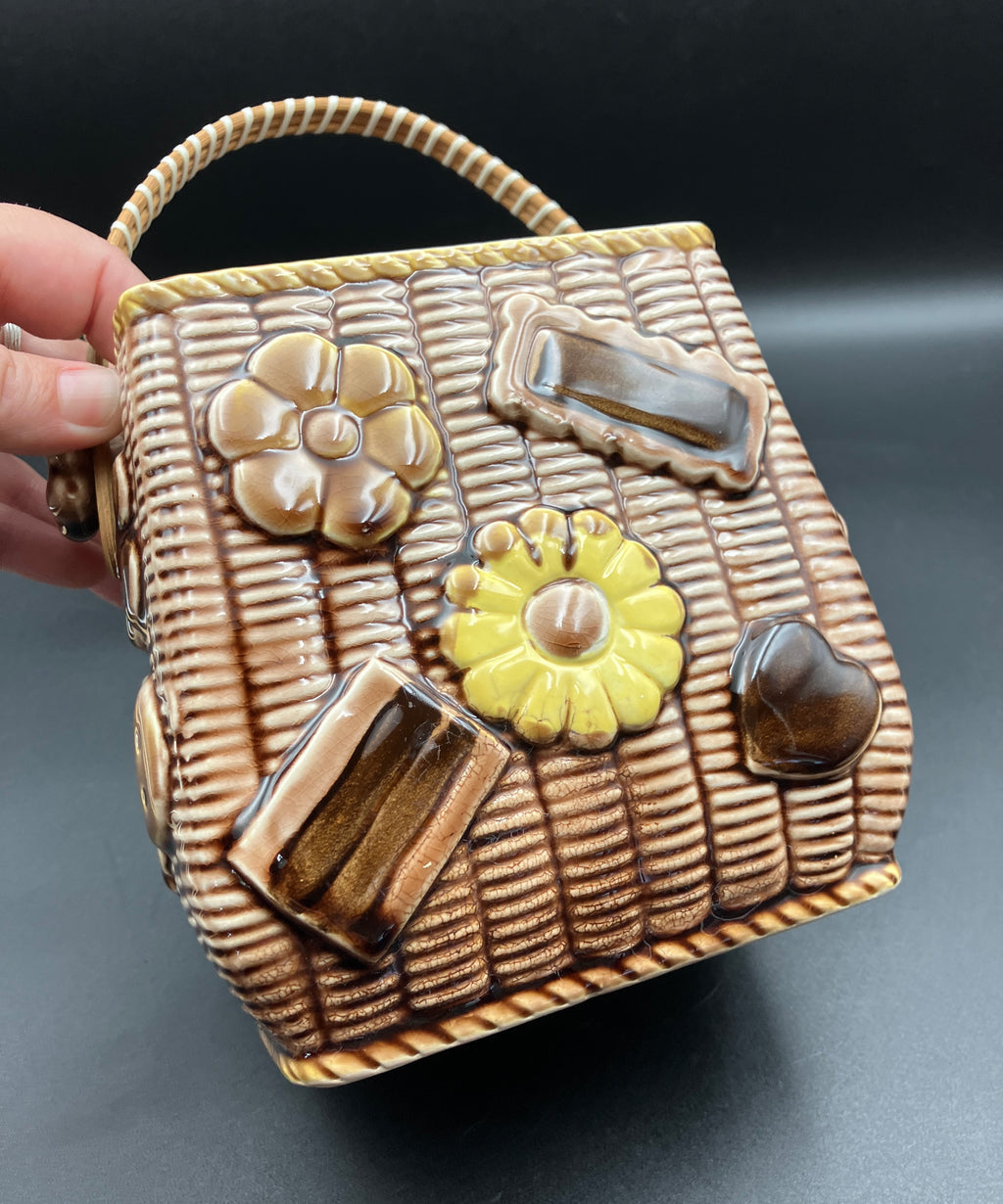 Vintage Cookie Jar Basket With Cookies - Cane Handle 1950s Kitsch Japan
