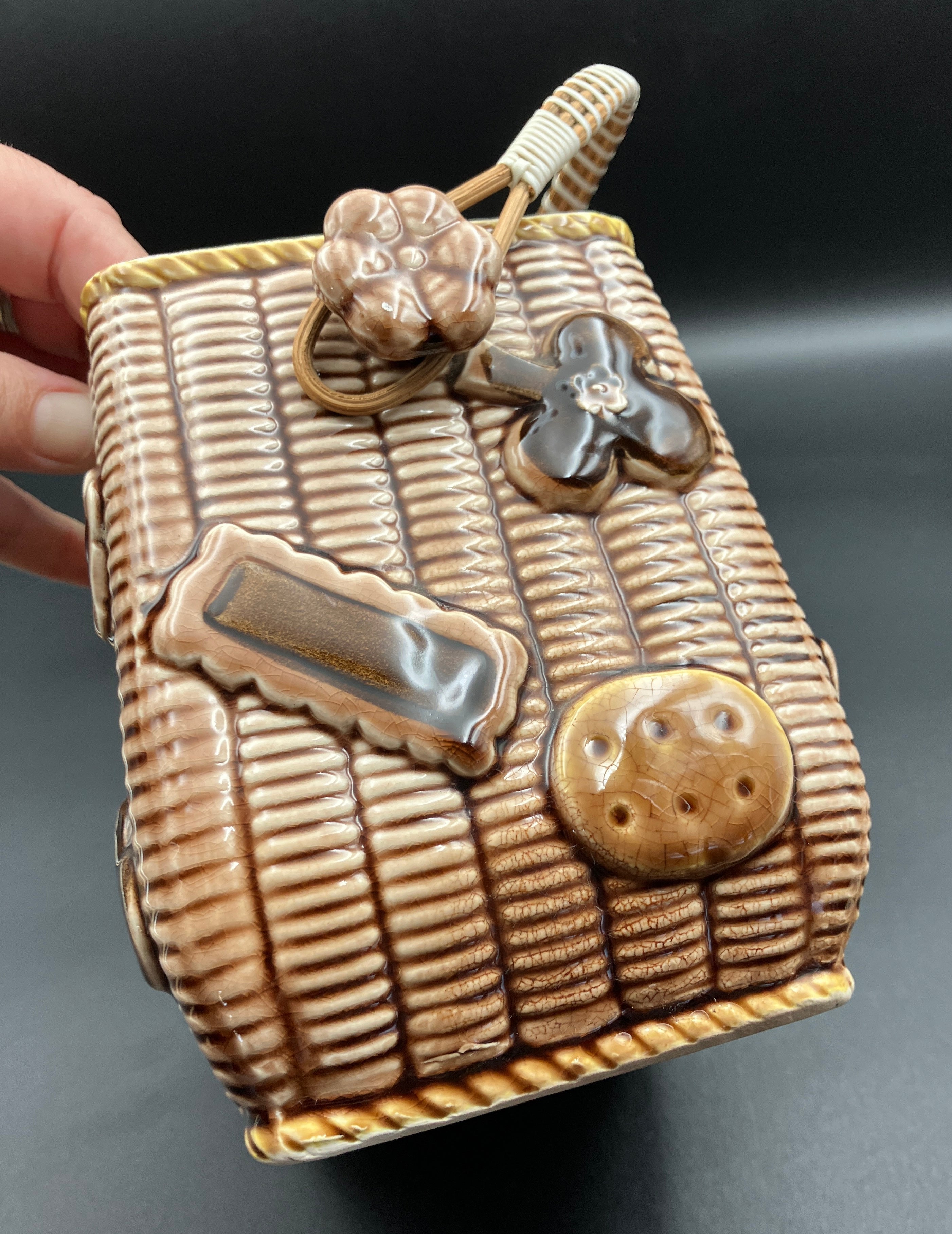 Vintage Cookie Jar Basket With Cookies - Cane Handle 1950s Kitsch Japan