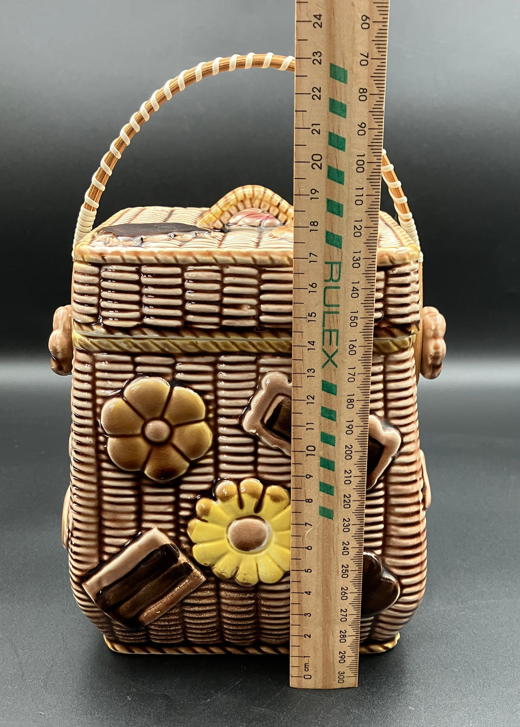 Vintage Cookie Jar Basket With Cookies - Cane Handle 1950s Kitsch Japan