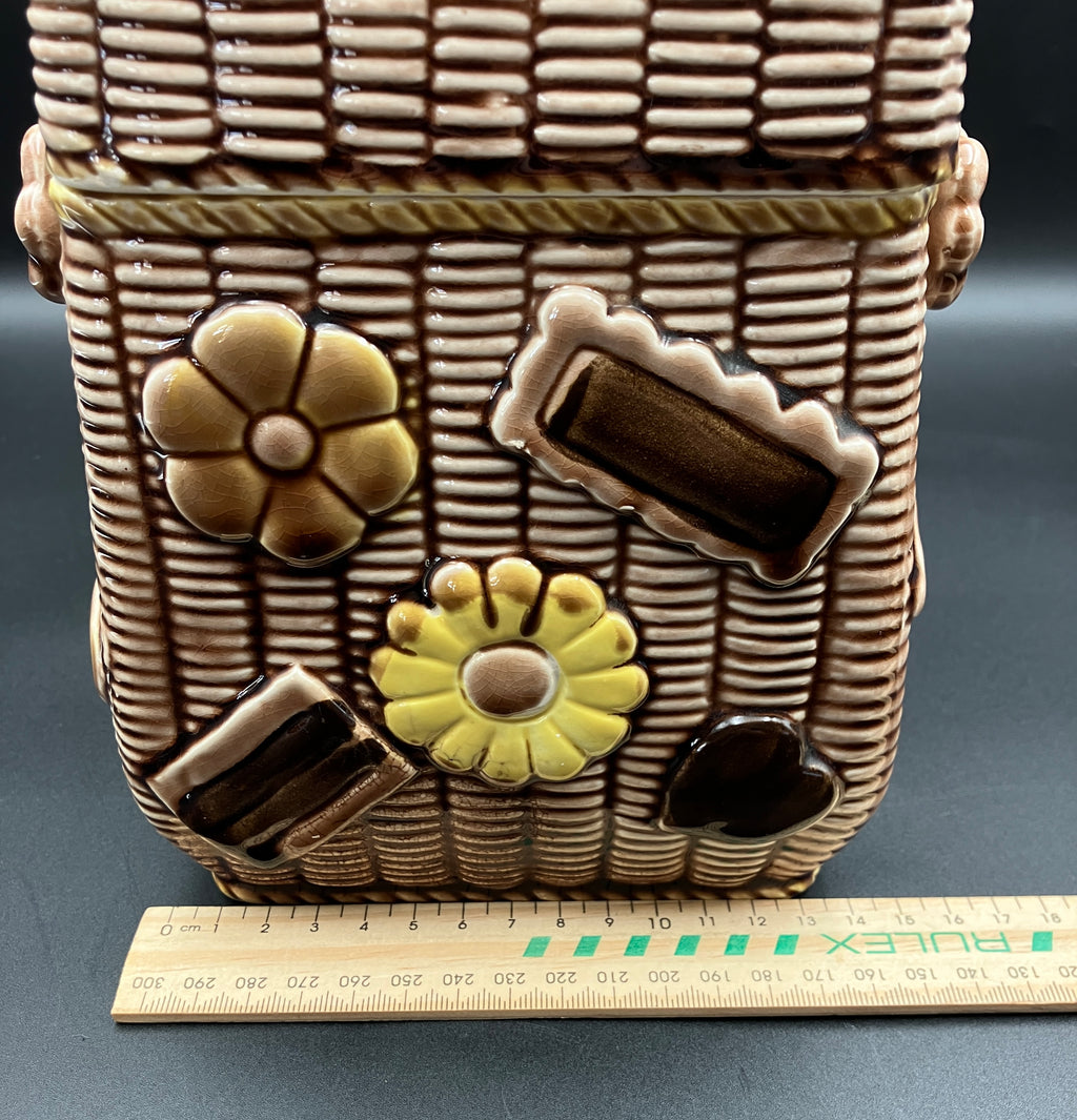 Vintage Cookie Jar Basket With Cookies - Cane Handle 1950s Kitsch Japan