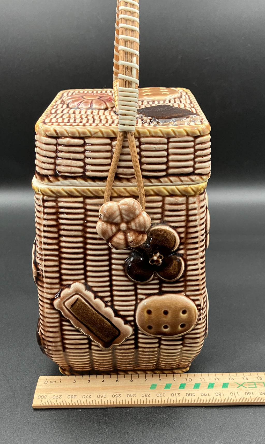 Vintage Cookie Jar Basket With Cookies - Cane Handle 1950s Kitsch Japan