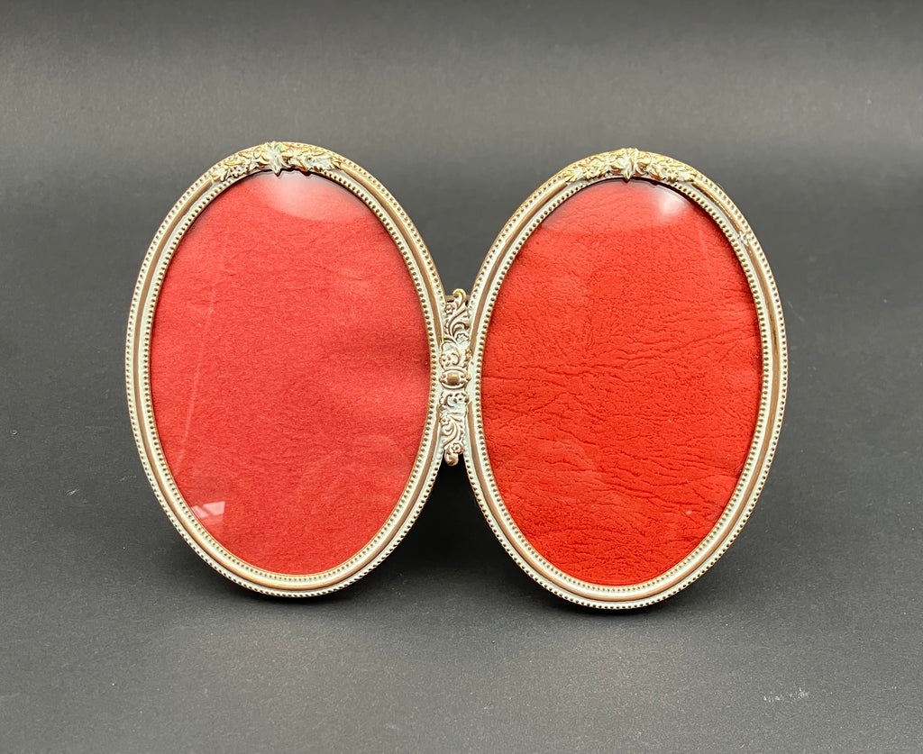 Vintage Brass Frame Convex Glass Oval Double Made In Denmark 10.5 X 7.5cm