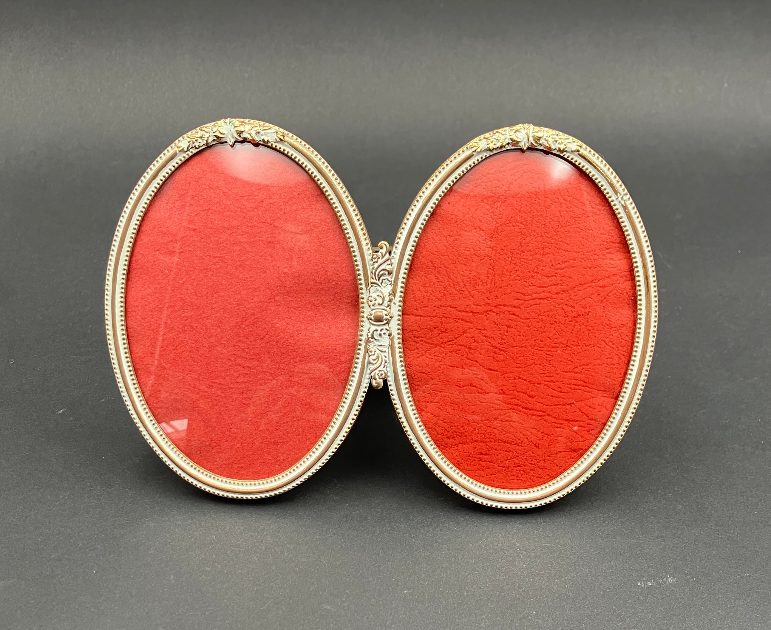 Vintage Brass Frame Convex Glass Oval Double Made In Denmark 10.5 X 7.5cm