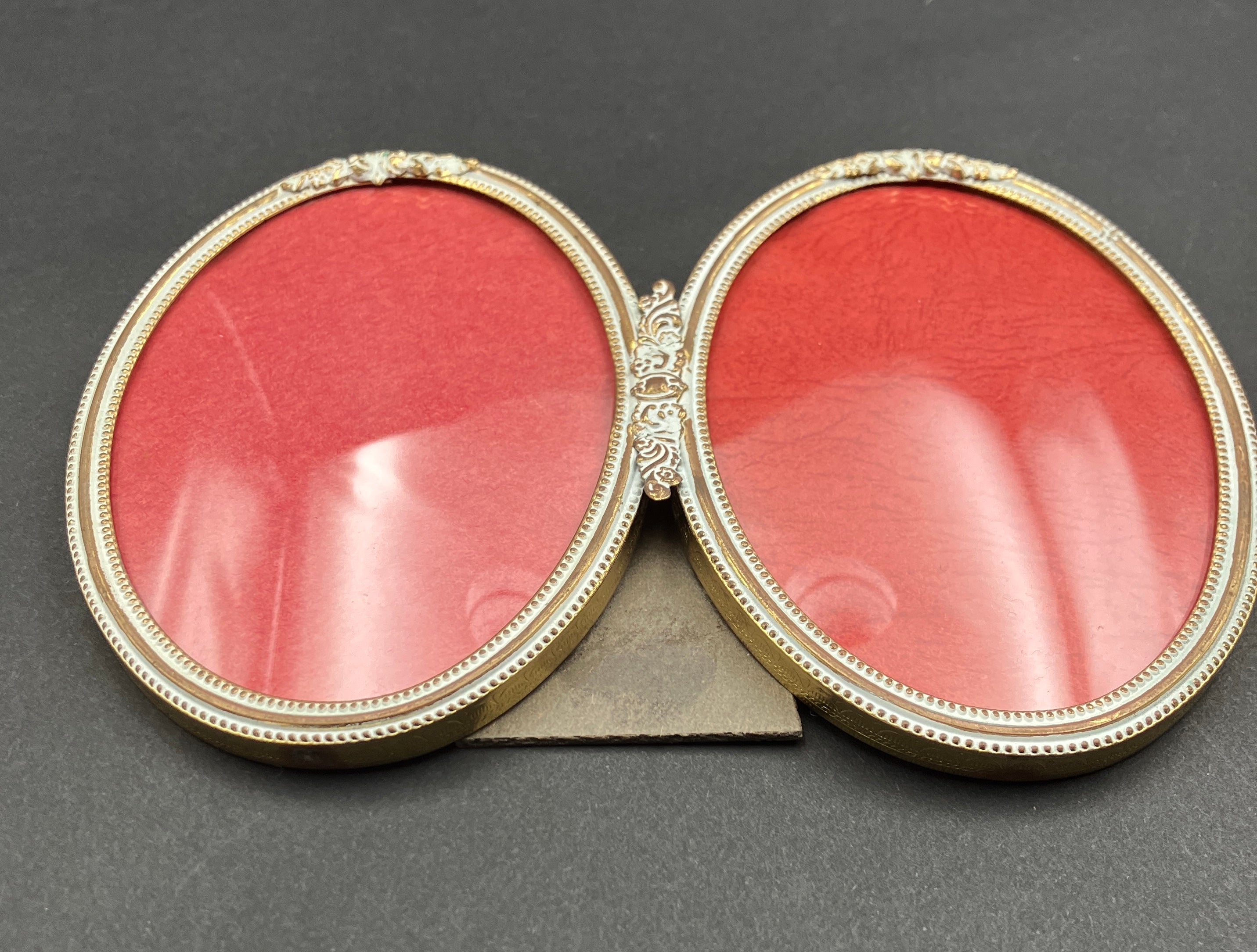 Vintage Brass Frame Convex Glass Oval Double Made In Denmark 10.5 X 7.5cm