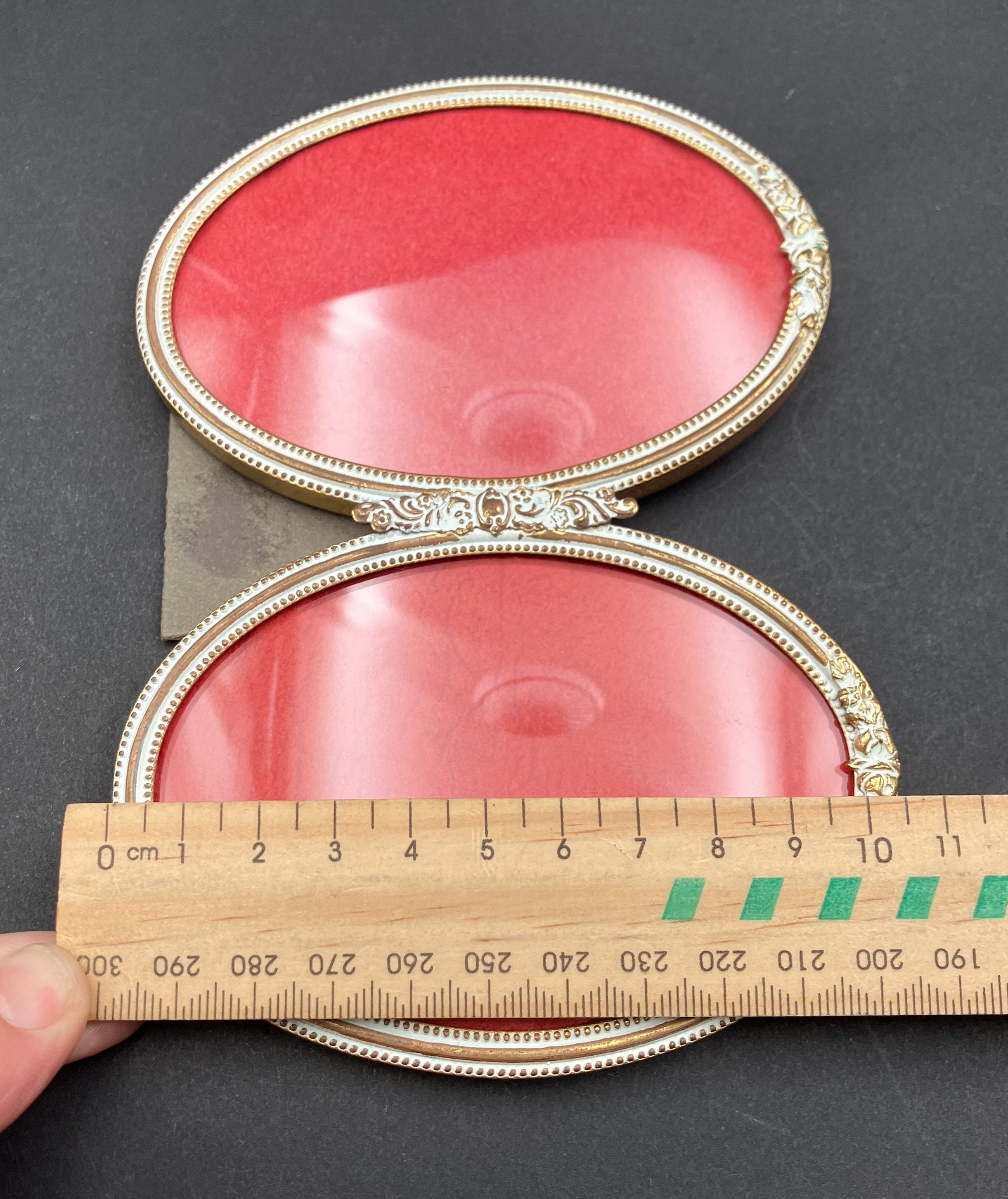 Vintage Brass Frame Convex Glass Oval Double Made In Denmark 10.5 X 7.5cm