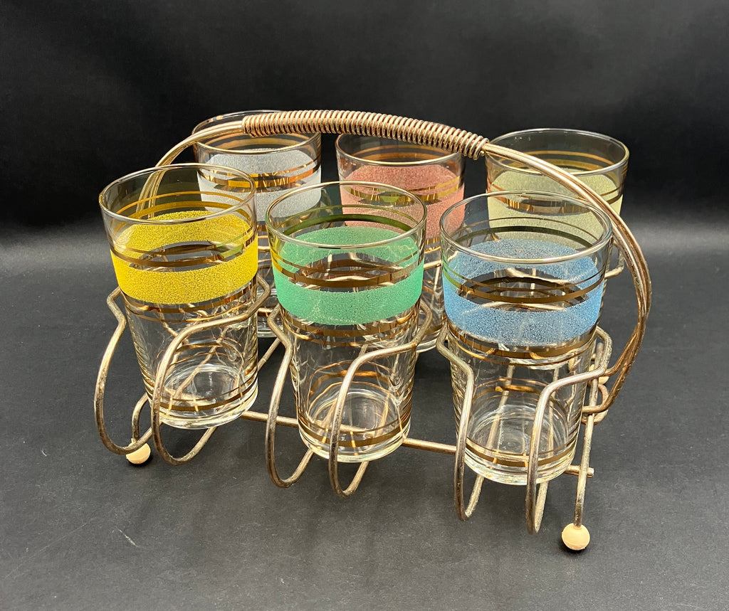 Vintage Drink Caddy with Harlequin Glasses Sugar Frost & Gold X6 In Carrier