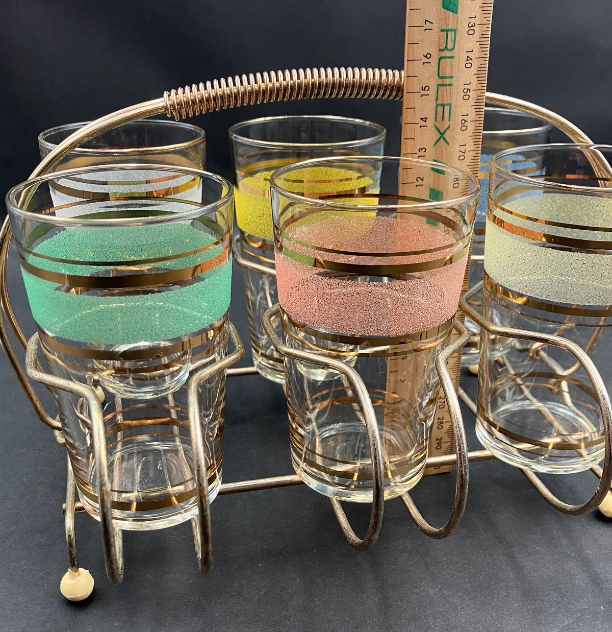 Vintage Drink Caddy with Harlequin Glasses Sugar Frost & Gold X6 In Carrier