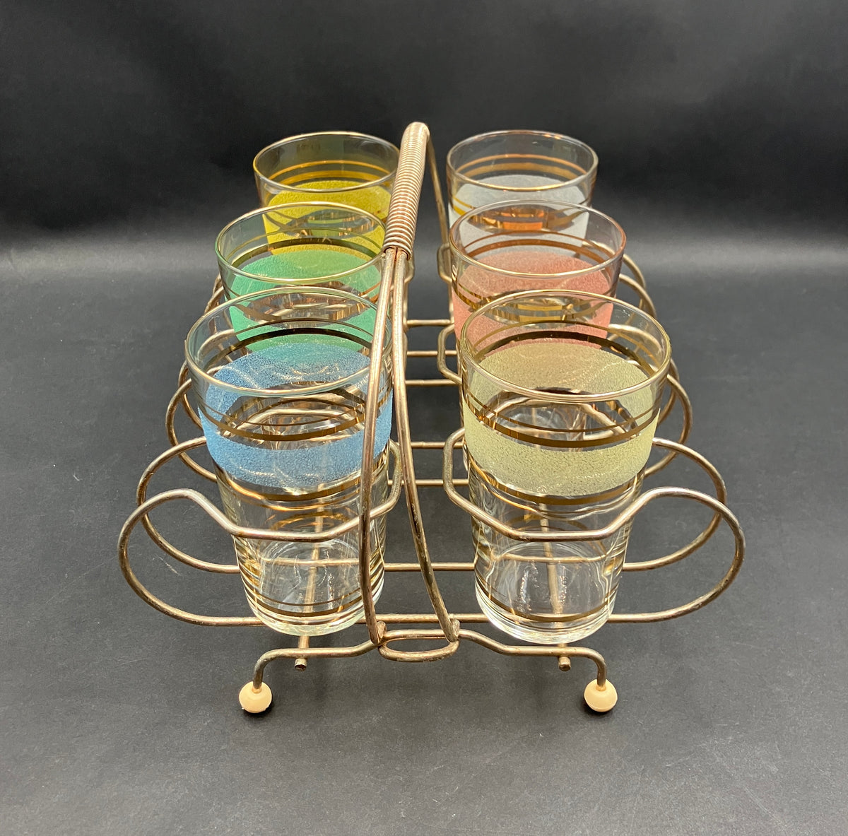 Vintage Drink Caddy with Harlequin Glasses Sugar Frost & Gold X6 In Carrier