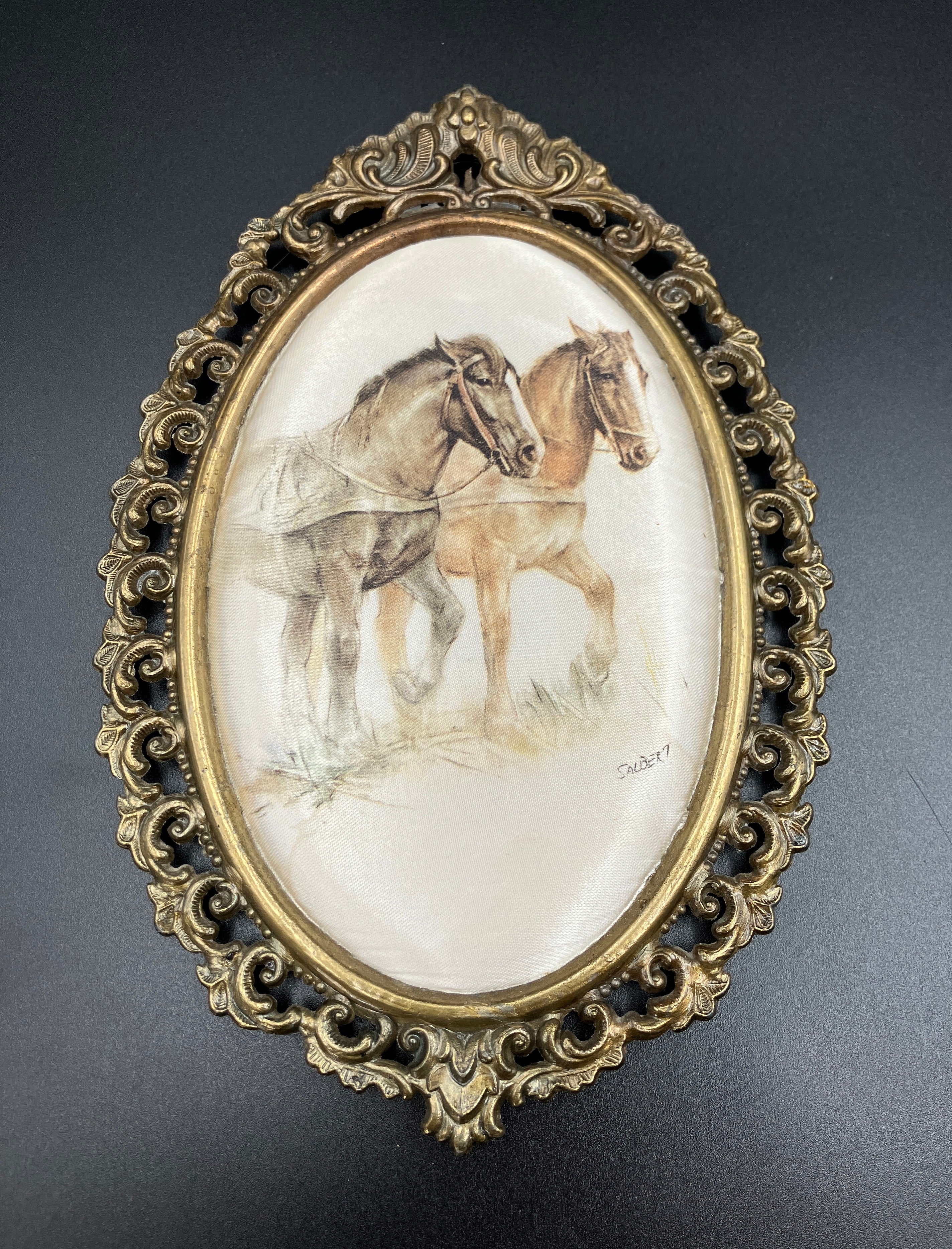 Vintage Italian Brass Oval Frame With Silk Horses - 19.5cm X 13cm