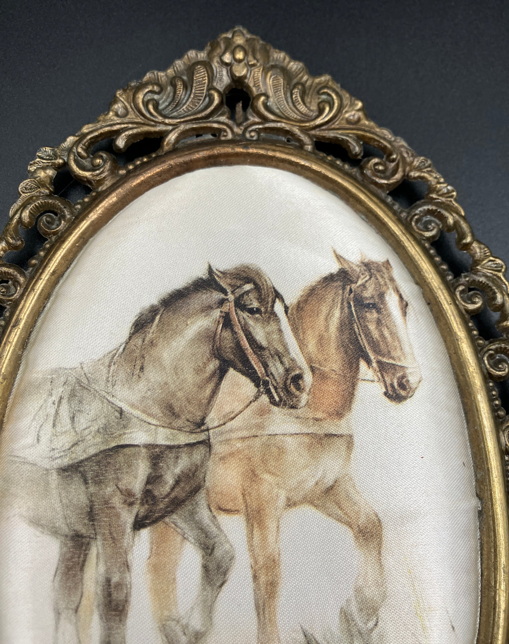 Vintage Italian Brass Oval Frame With Silk Horses - 19.5cm X 13cm