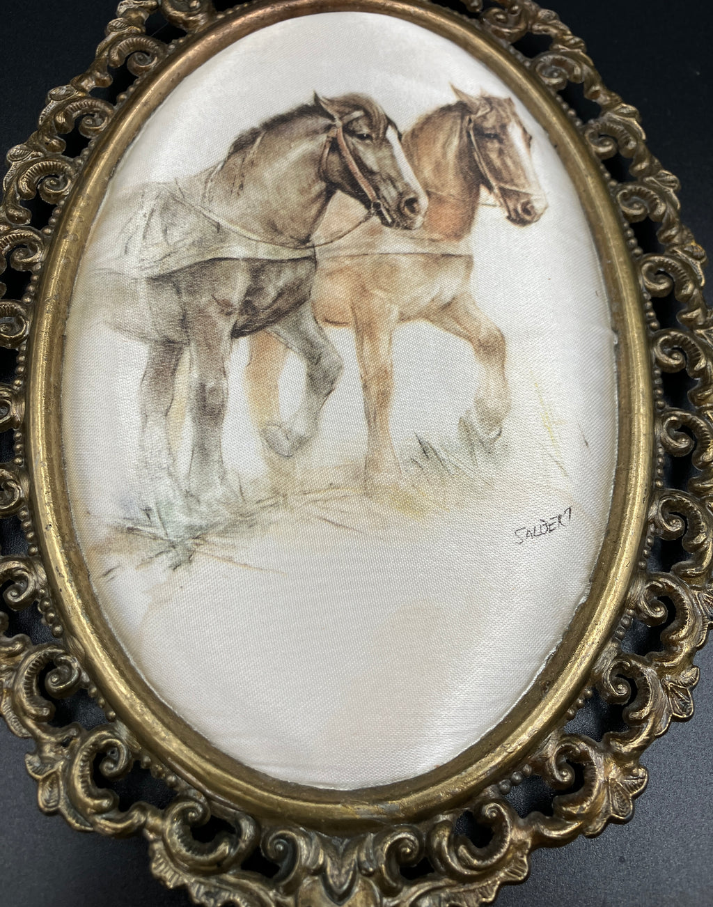 Vintage Italian Brass Oval Frame With Silk Horses - 19.5cm X 13cm