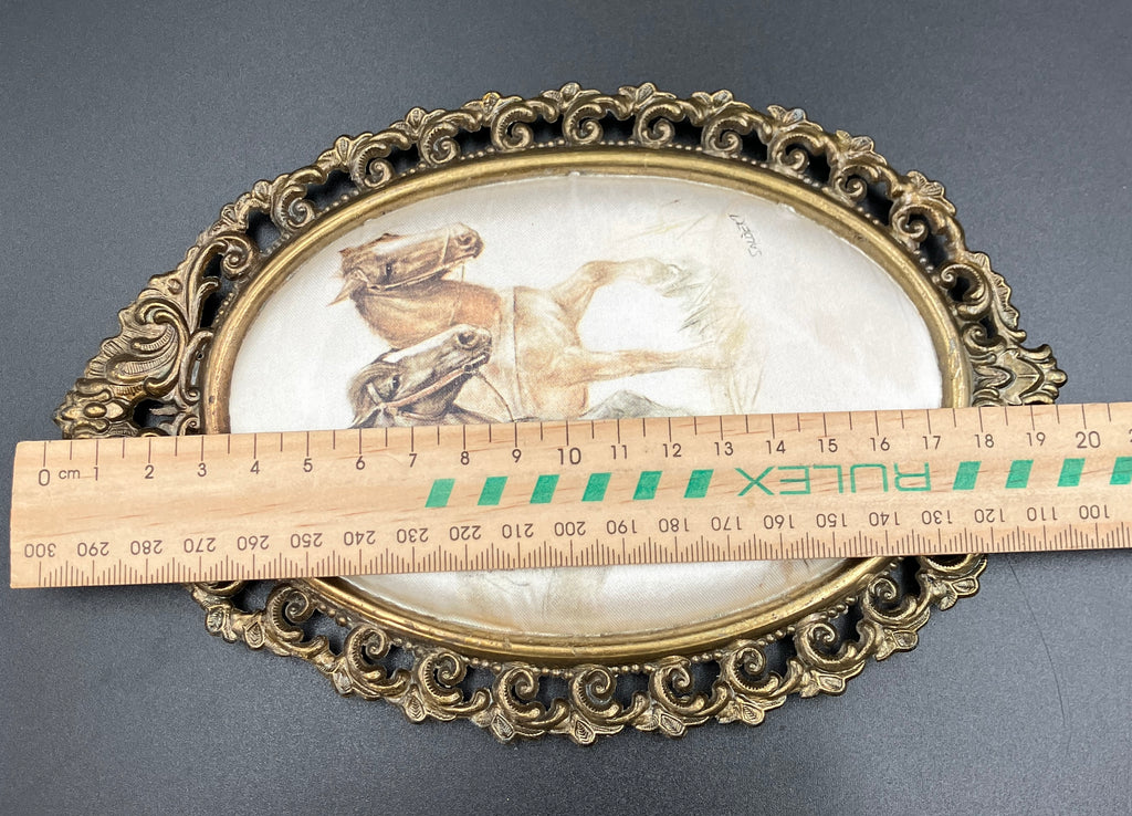 Vintage Italian Brass Oval Frame With Silk Horses - 19.5cm X 13cm