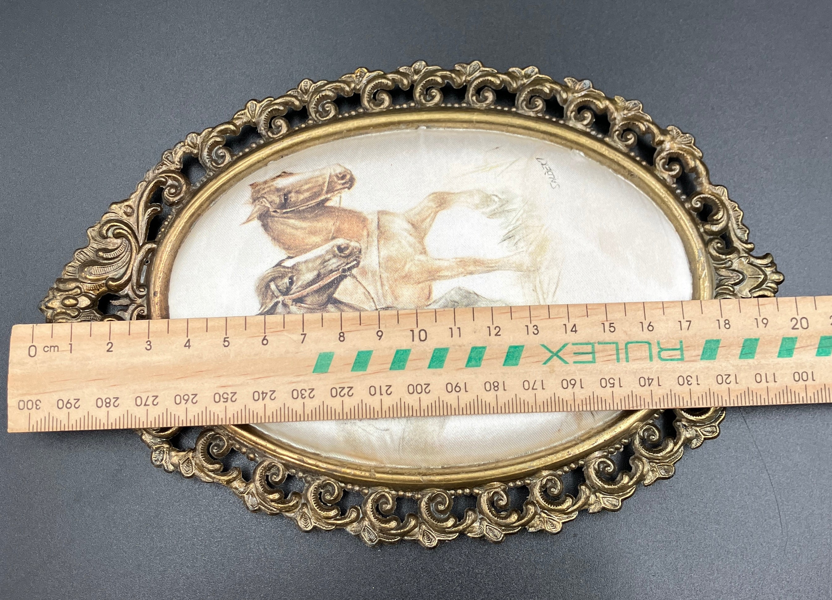 Vintage Italian Brass Oval Frame With Silk Horses - 19.5cm X 13cm