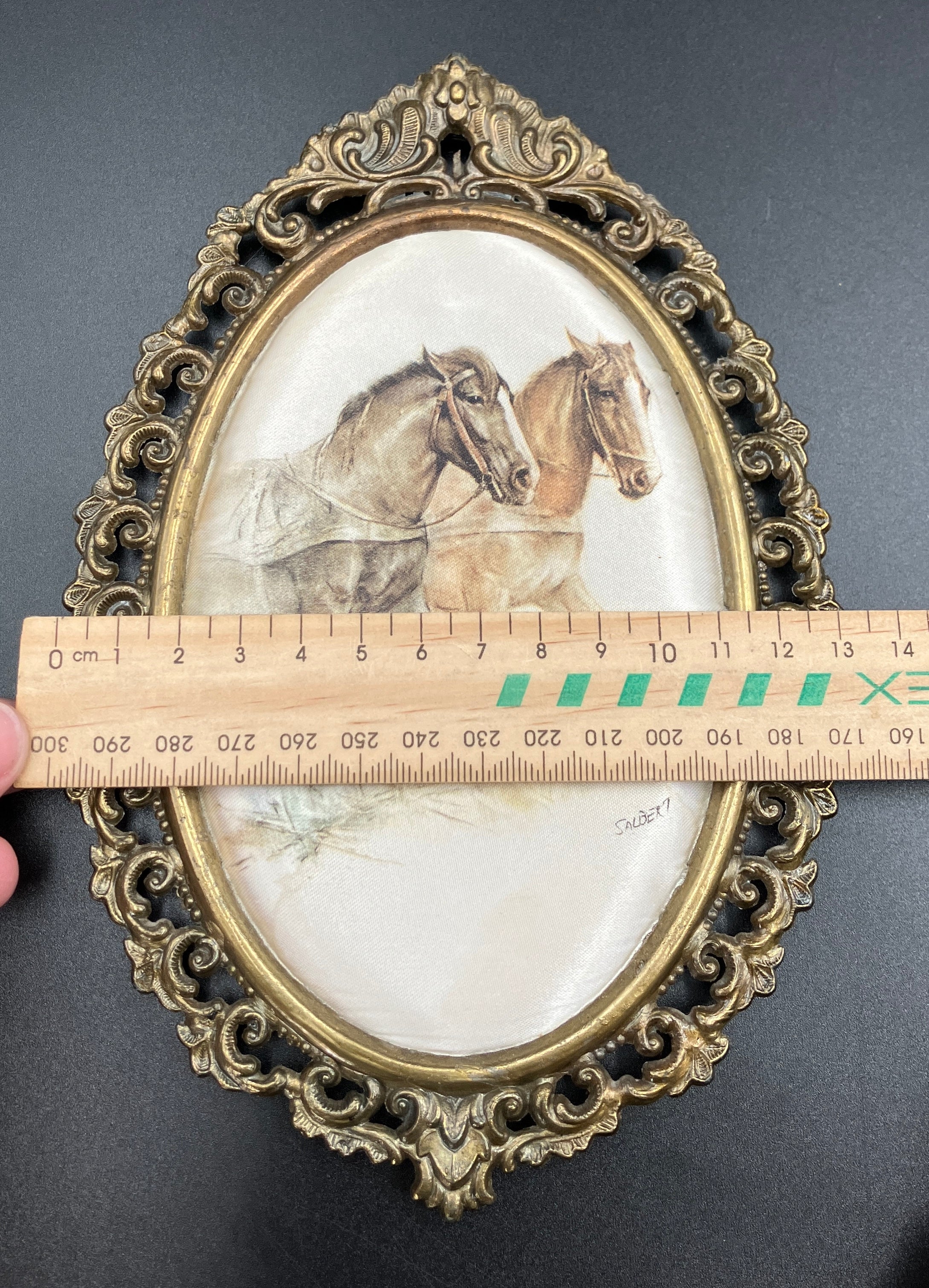 Vintage Italian Brass Oval Frame With Silk Horses - 19.5cm X 13cm