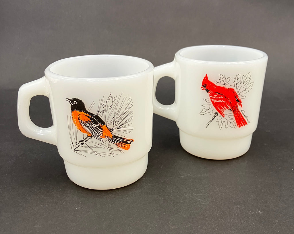 Vintage Fire King Bird Mugs X2 Baltimore Oriole & Chickadee, Cardinal & Blue Jay