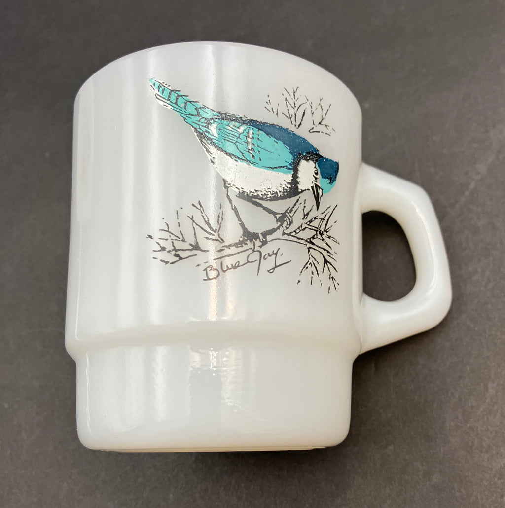 Vintage Fire King Bird Mugs X2 Baltimore Oriole & Chickadee, Cardinal & Blue Jay