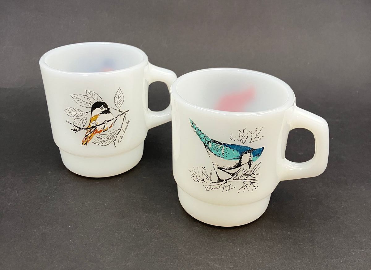 Vintage Fire King Bird Mugs X2 Baltimore Oriole & Chickadee, Cardinal & Blue Jay