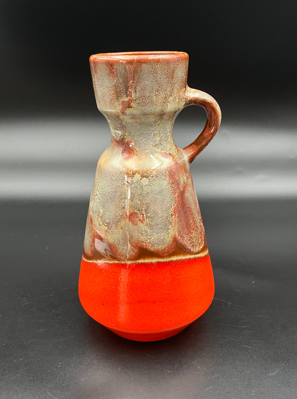 Mid Century Barlow German Vase With Handle Orange & Brown Glazed Pottery