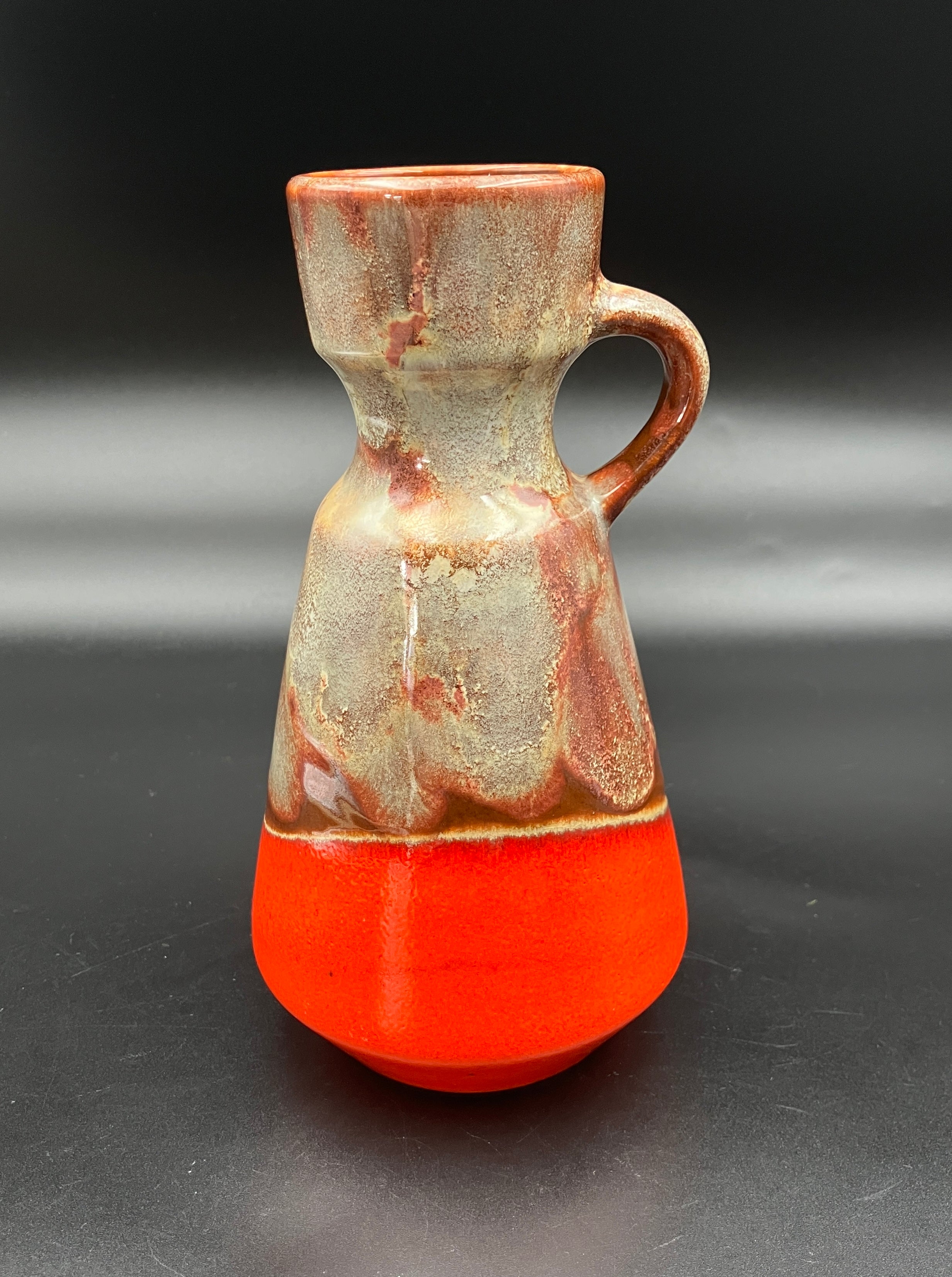 Mid Century Barlow German Vase With Handle Orange & Brown Glazed Pottery
