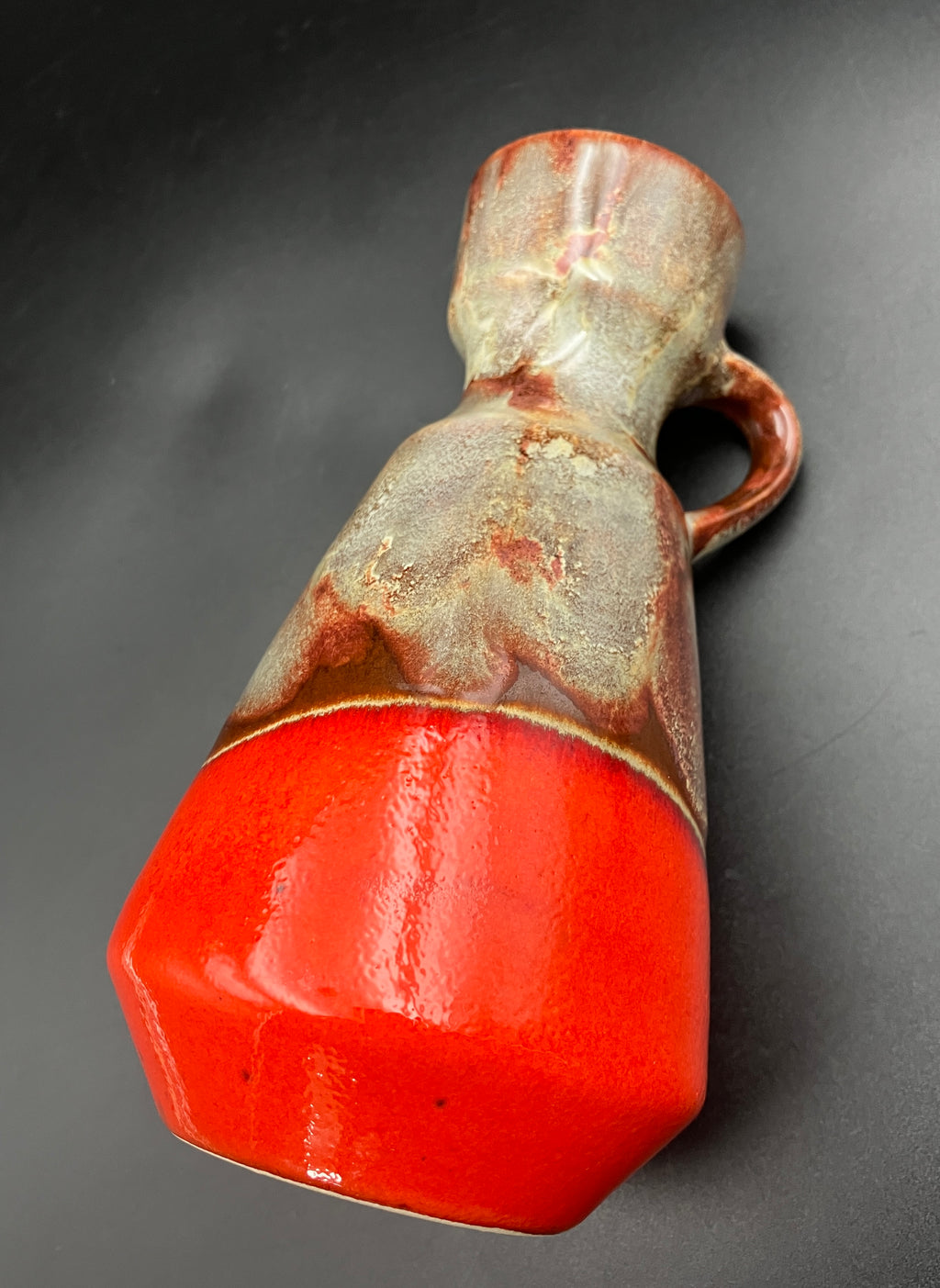 Mid Century Barlow German Vase With Handle Orange & Brown Glazed Pottery