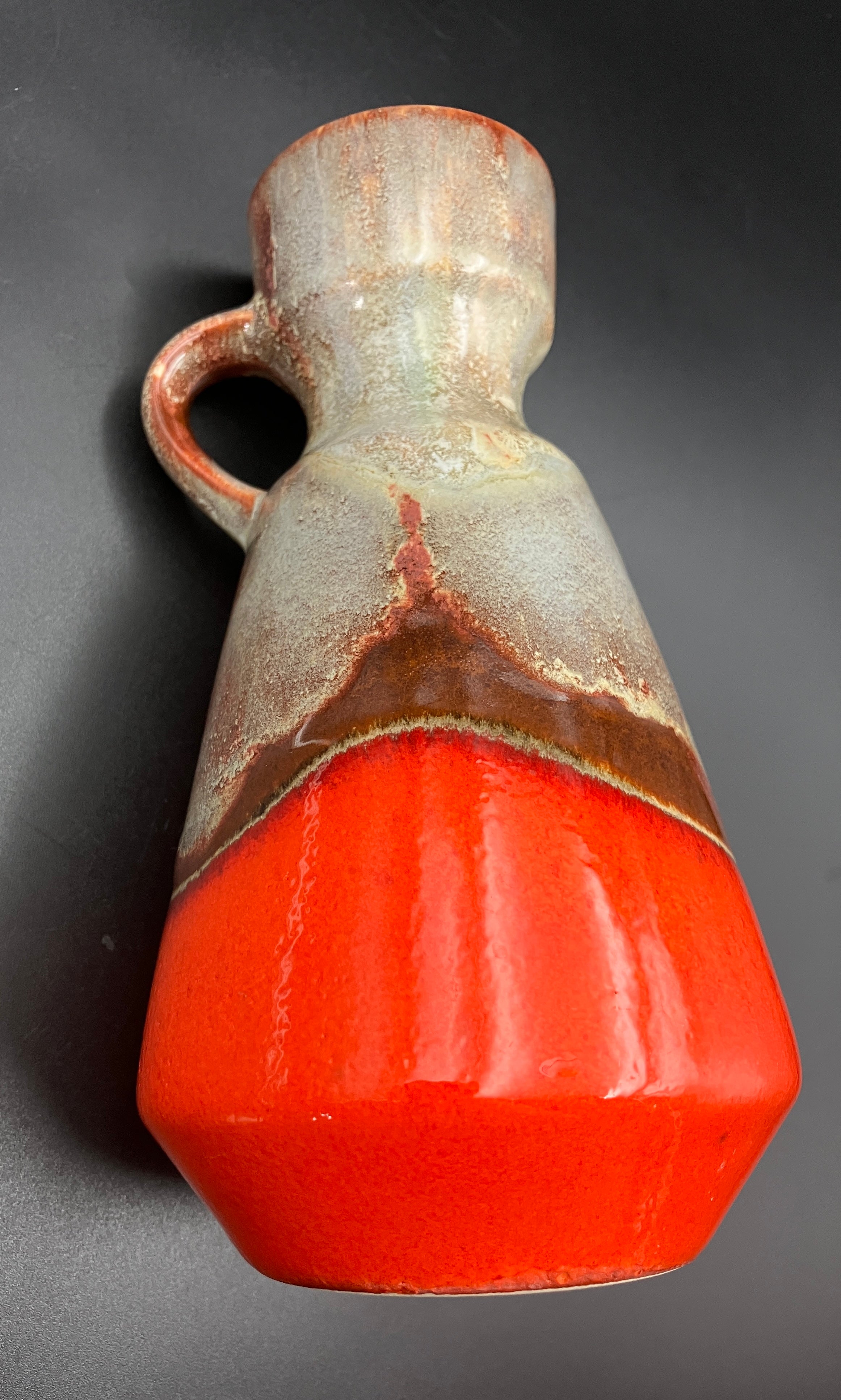 Mid Century Barlow German Vase With Handle Orange & Brown Glazed Pottery