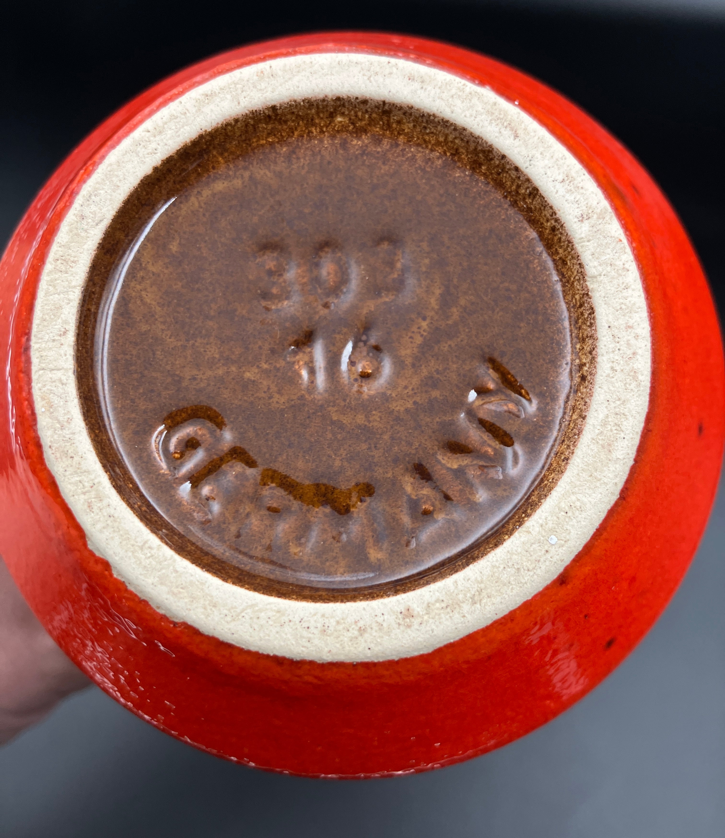 Mid Century Barlow German Vase With Handle Orange & Brown Glazed Pottery