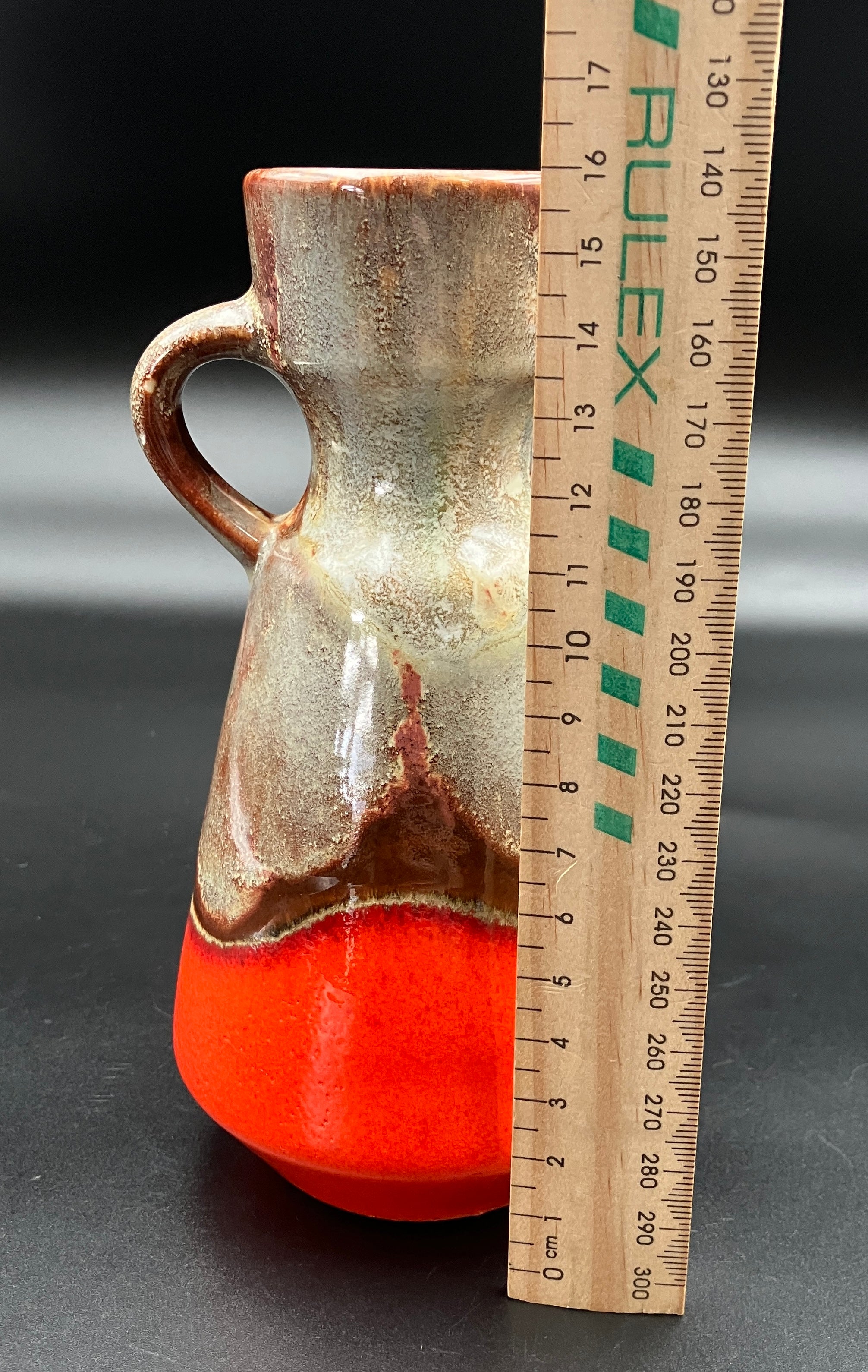 Mid Century Barlow German Vase With Handle Orange & Brown Glazed Pottery