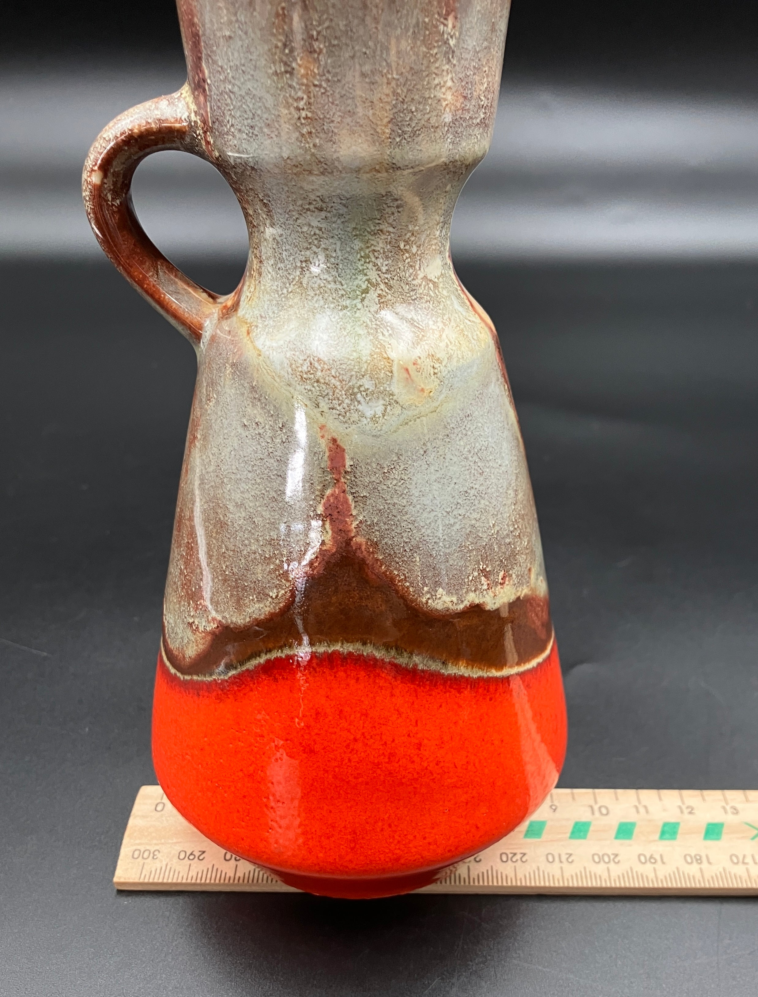 Mid Century Barlow German Vase With Handle Orange & Brown Glazed Pottery