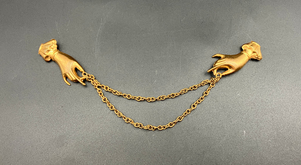 Vintage Collar Brooch Magic Hand Palms Palmistry With Chain in Gold Tone Costume