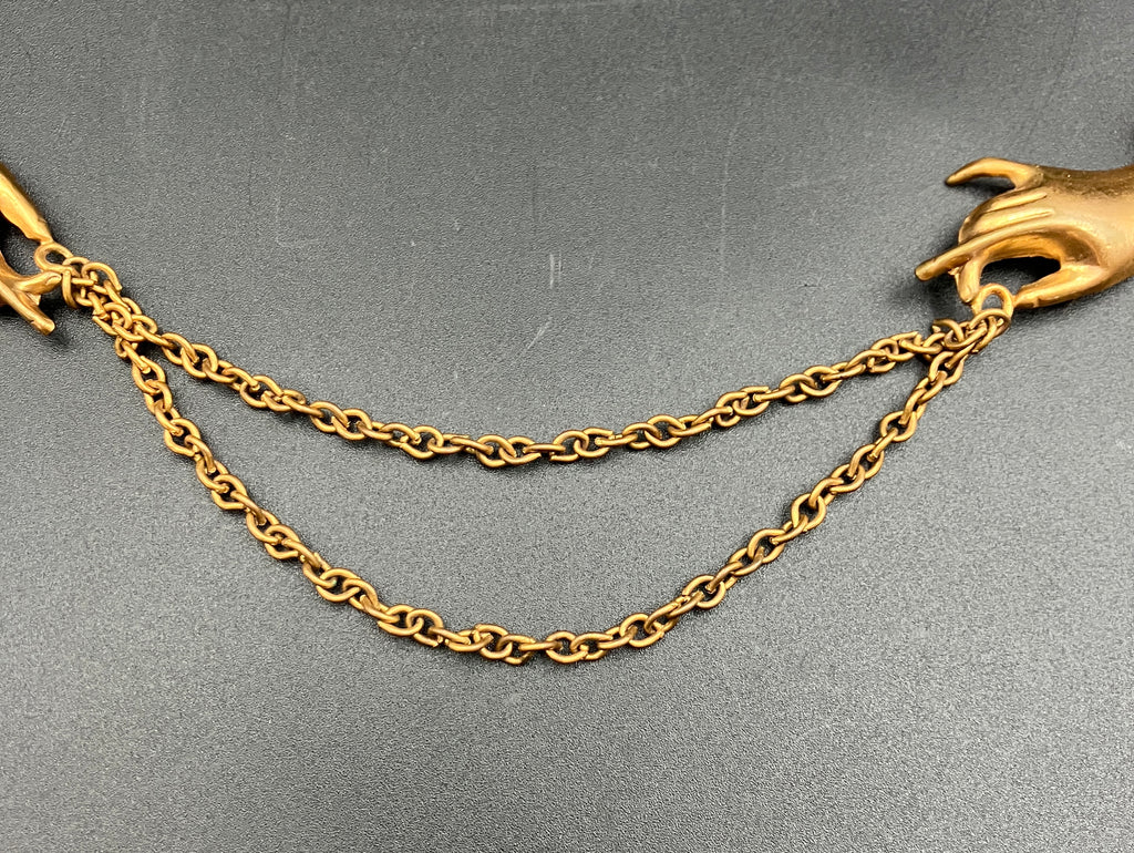Vintage Collar Brooch Magic Hand Palms Palmistry With Chain in Gold Tone Costume