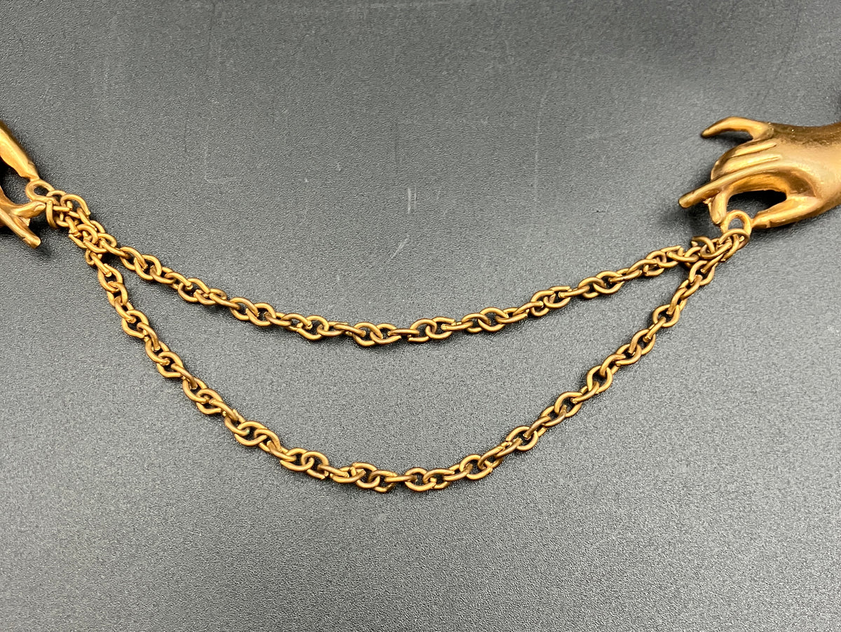 Vintage Collar Brooch Magic Hand Palms Palmistry With Chain in Gold Tone Costume