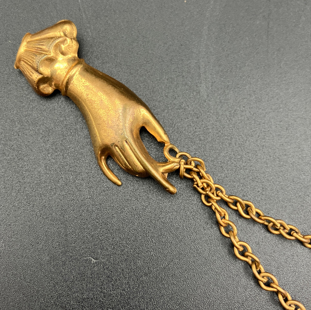 Vintage Collar Brooch Magic Hand Palms Palmistry With Chain in Gold Tone Costume