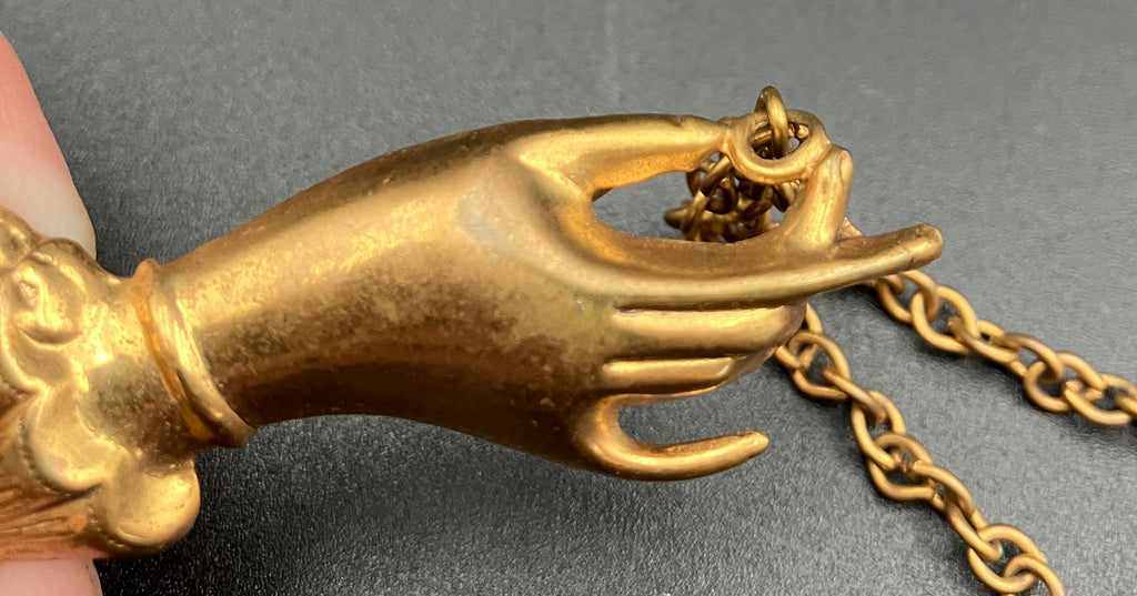 Vintage Collar Brooch Magic Hand Palms Palmistry With Chain in Gold Tone Costume