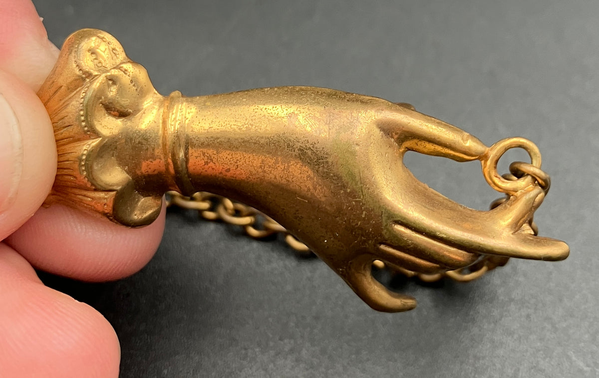 Vintage Collar Brooch Magic Hand Palms Palmistry With Chain in Gold Tone Costume