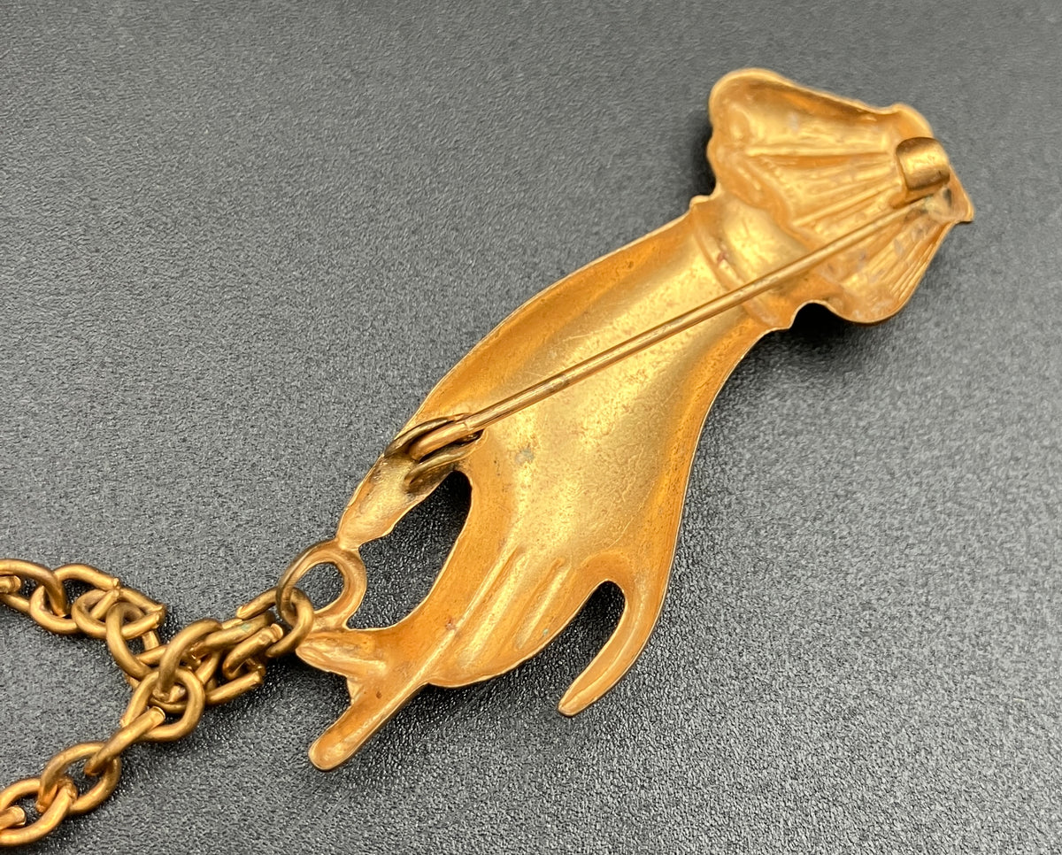Vintage Collar Brooch Magic Hand Palms Palmistry With Chain in Gold Tone Costume