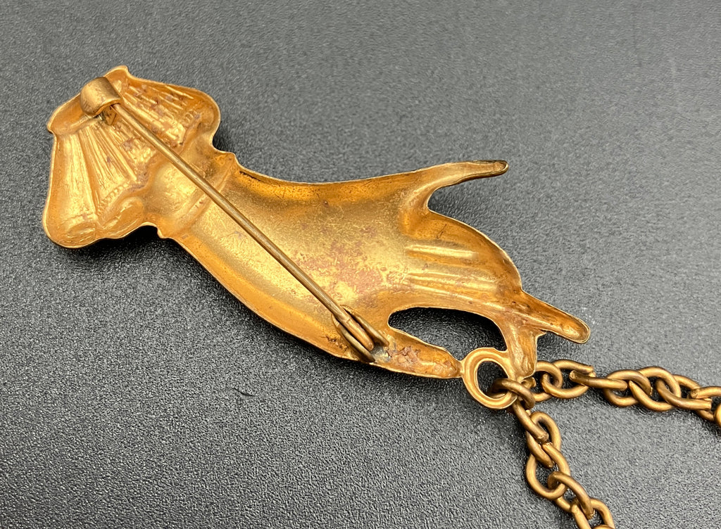 Vintage Collar Brooch Magic Hand Palms Palmistry With Chain in Gold Tone Costume