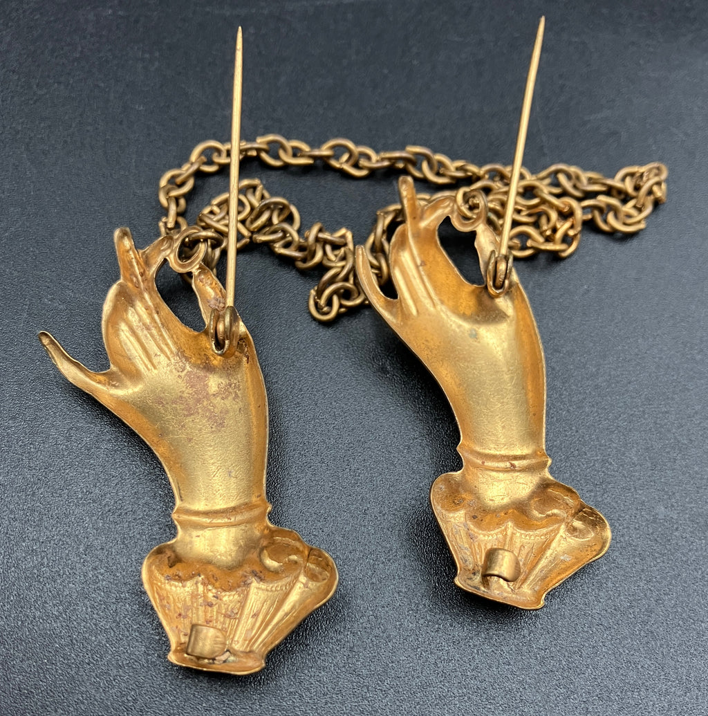 Vintage Collar Brooch Magic Hand Palms Palmistry With Chain in Gold Tone Costume