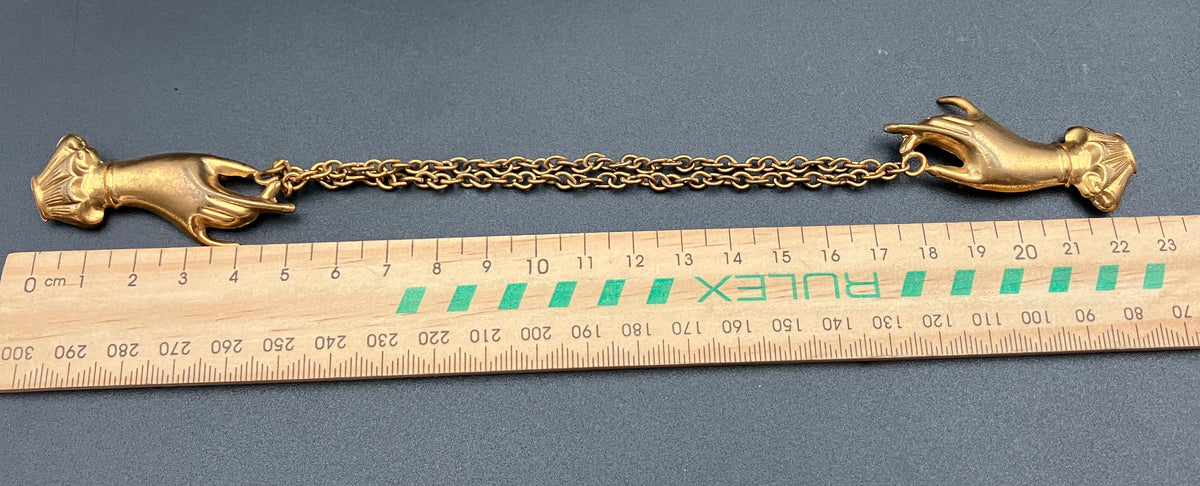 Vintage Collar Brooch Magic Hand Palms Palmistry With Chain in Gold Tone Costume