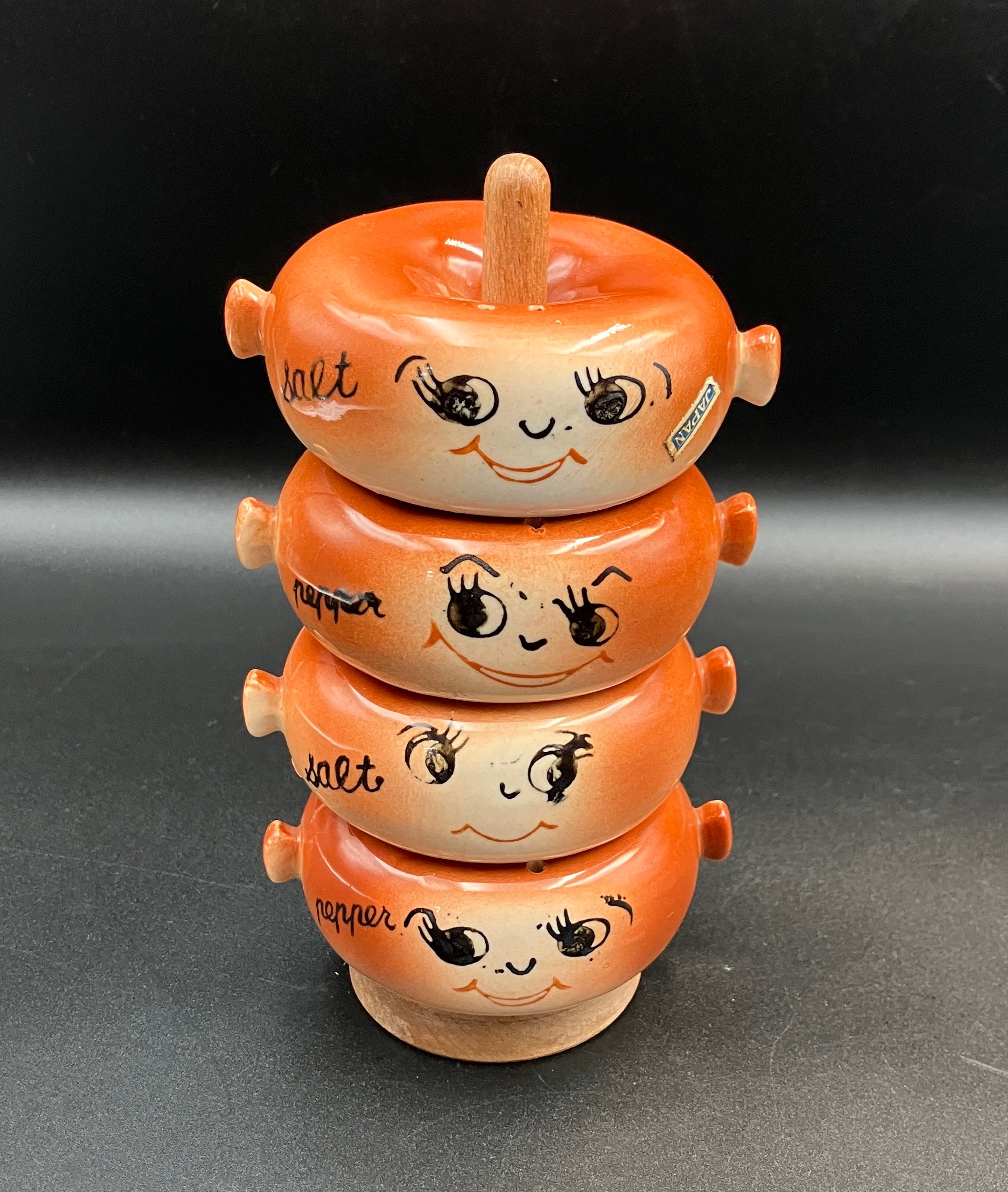 Vintage Holt Howard Stacked Bagel Salt and Pepper Shaker Sets W/Wooden Holder