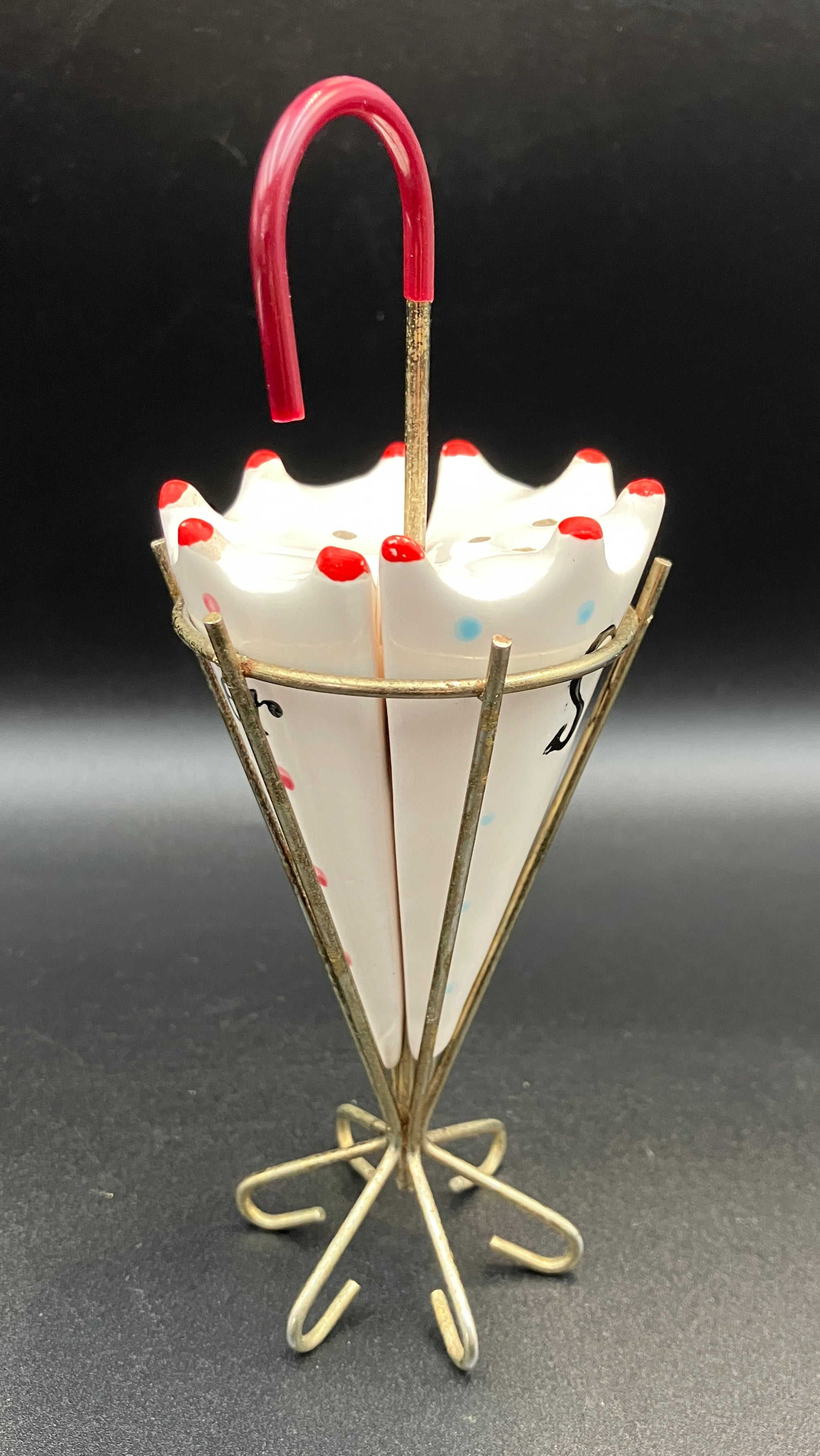 Vintage Holt Howard ? Umbrella Salt and Pepper Shaker Sets In Wire Stand RARE