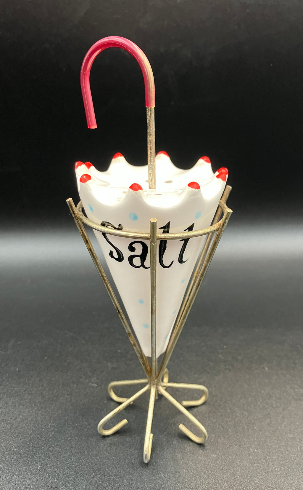 Vintage Holt Howard ? Umbrella Salt and Pepper Shaker Sets In Wire Stand RARE
